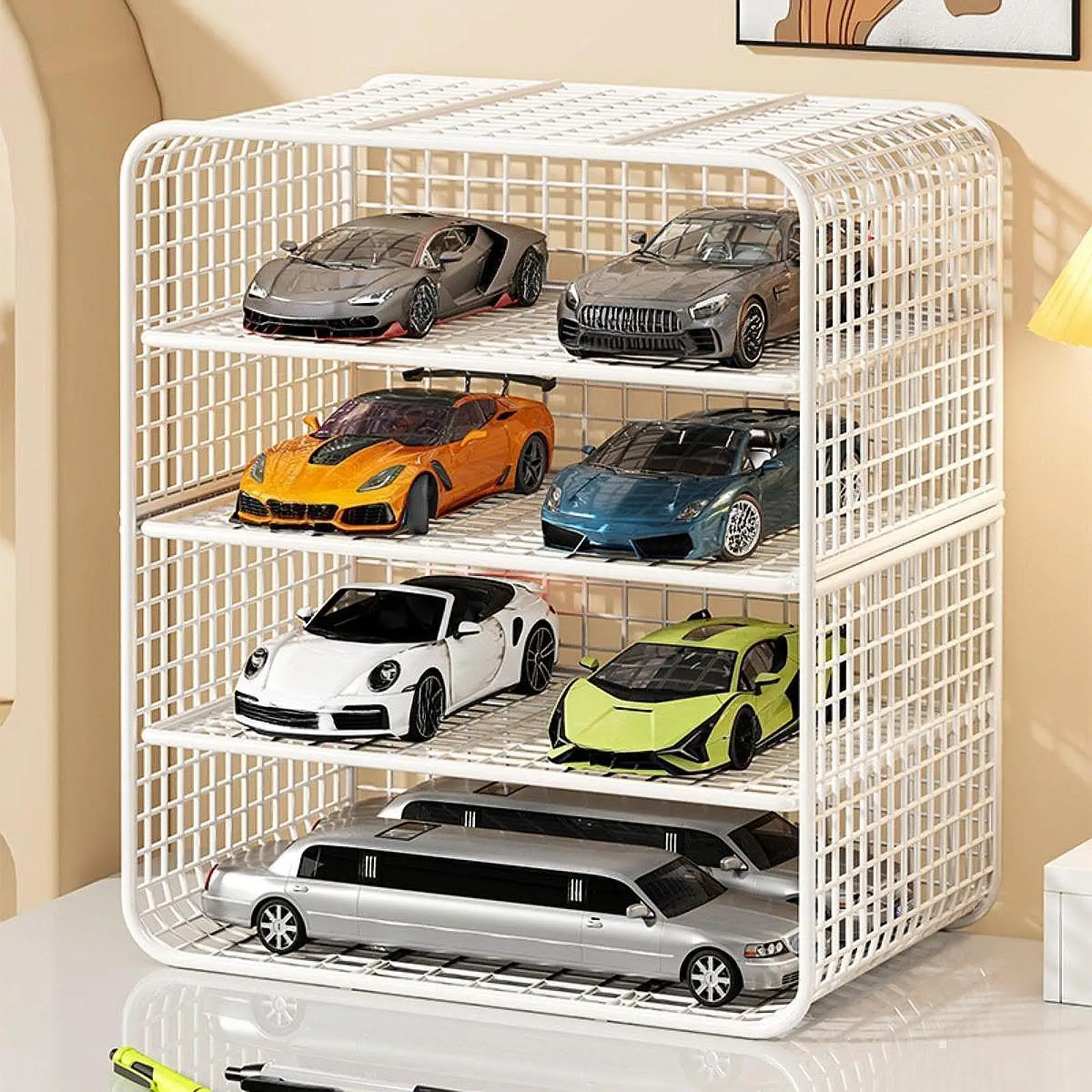 

Витрина модели автомобиля, четырехъярусный настольный декор, белый для коллекционеров моделей