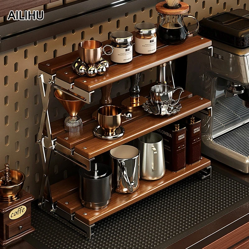Tea Coffee Utensils - 3Tier Foldable Bamboo Desktop Storage Rack