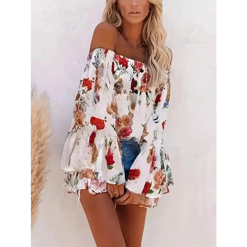 بالإضافة إلى حجم المرأة عارضة قميص قبالة الكتف أزياء مطبوعة قميص عطلة حزب المرأة قميص طويل الأكمام