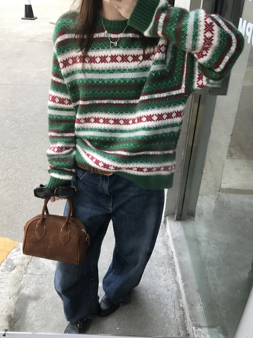 

ZHISILAO New Print Knit Sweater Women Vintage Casual O-neck Long Sleeve Pullover Sweater Autumn Winter 2025