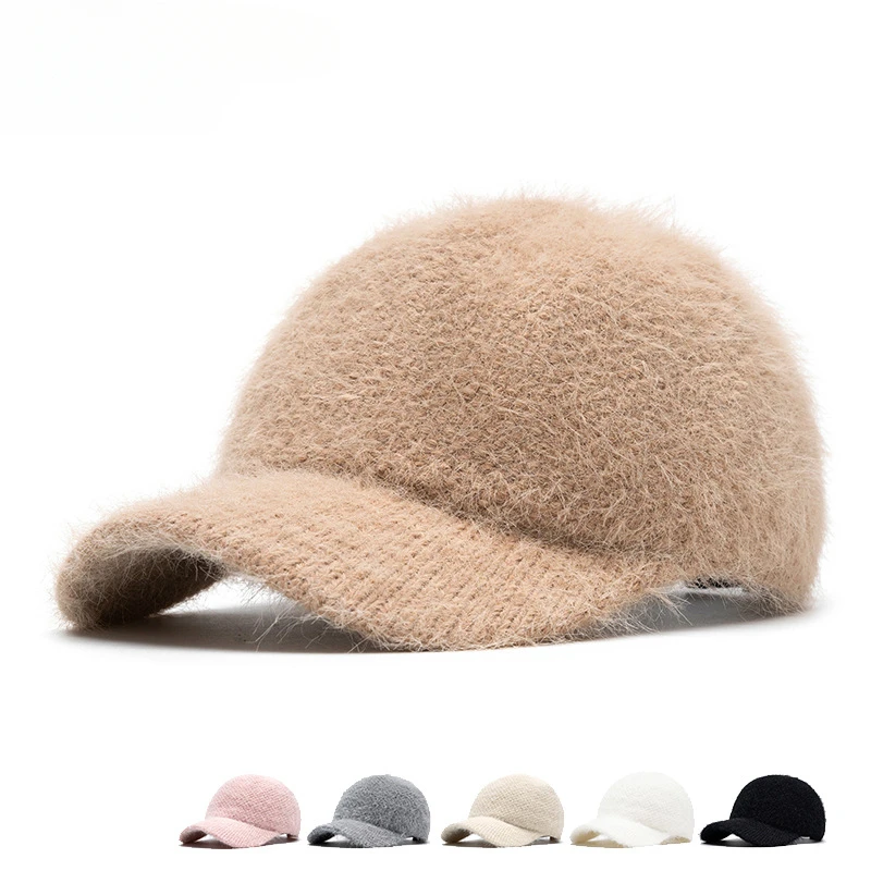 

Autumn Winter Knitted Rabbit Hair Baseball Cap Warm Versatile Fleece Lined Thick Cable Knit Hat Sweet Cool Visor Cap