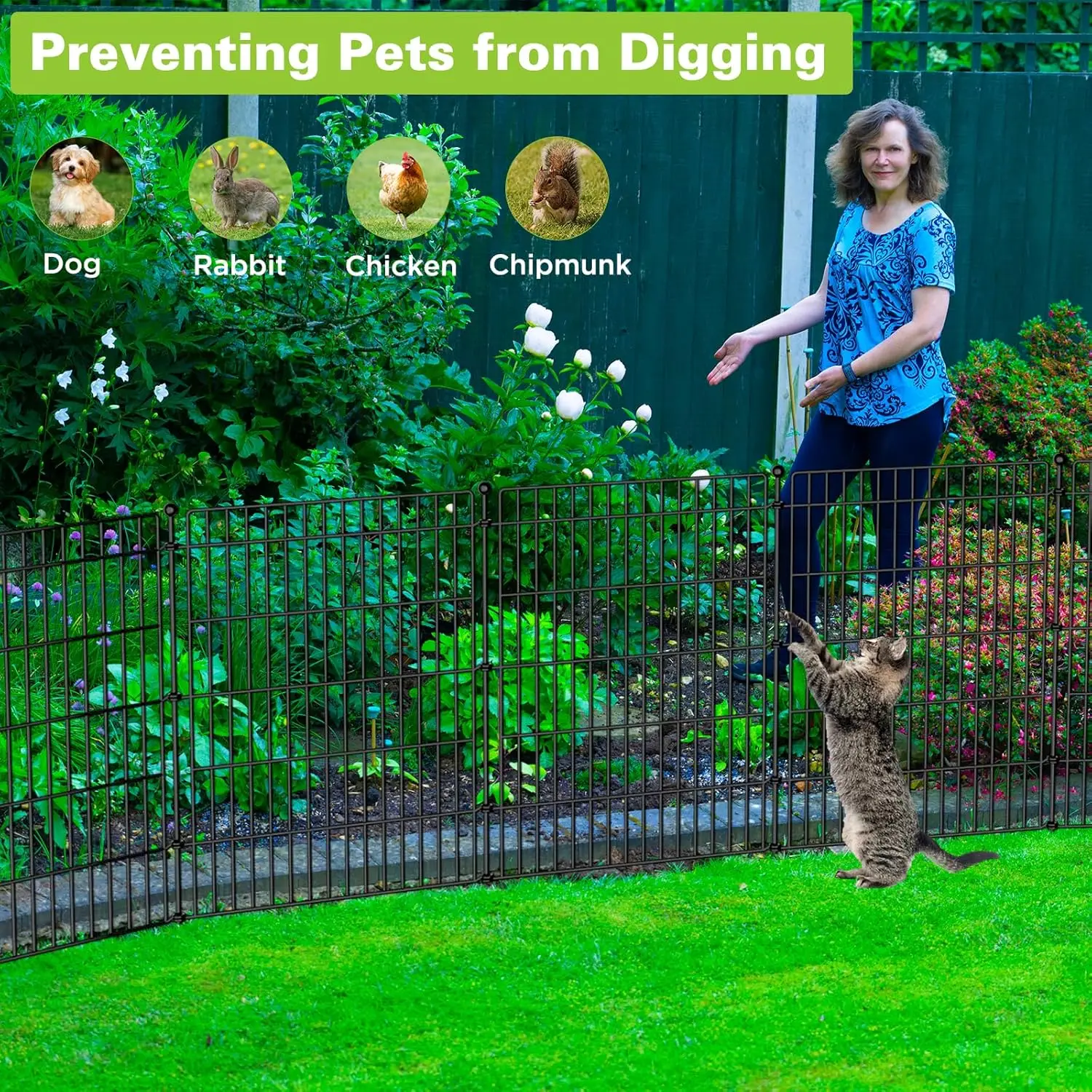 10 لوحات بدون حفر سياج حديقة حاجز حيواني، 44 بوصة (ارتفاع) × 23.6 قدم (طول) سياج معدني مزخرف للكلاب في الهواء الطلق، سياج للحيوانات الأليفة مقاوم للصدأ