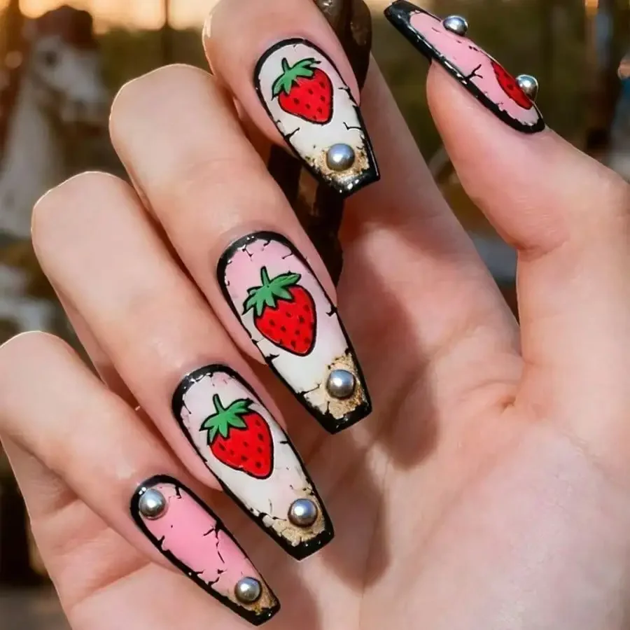 

24 pieces of wearing nail strawberry three-dimensional with drill fake nail nail pads removable nail patch