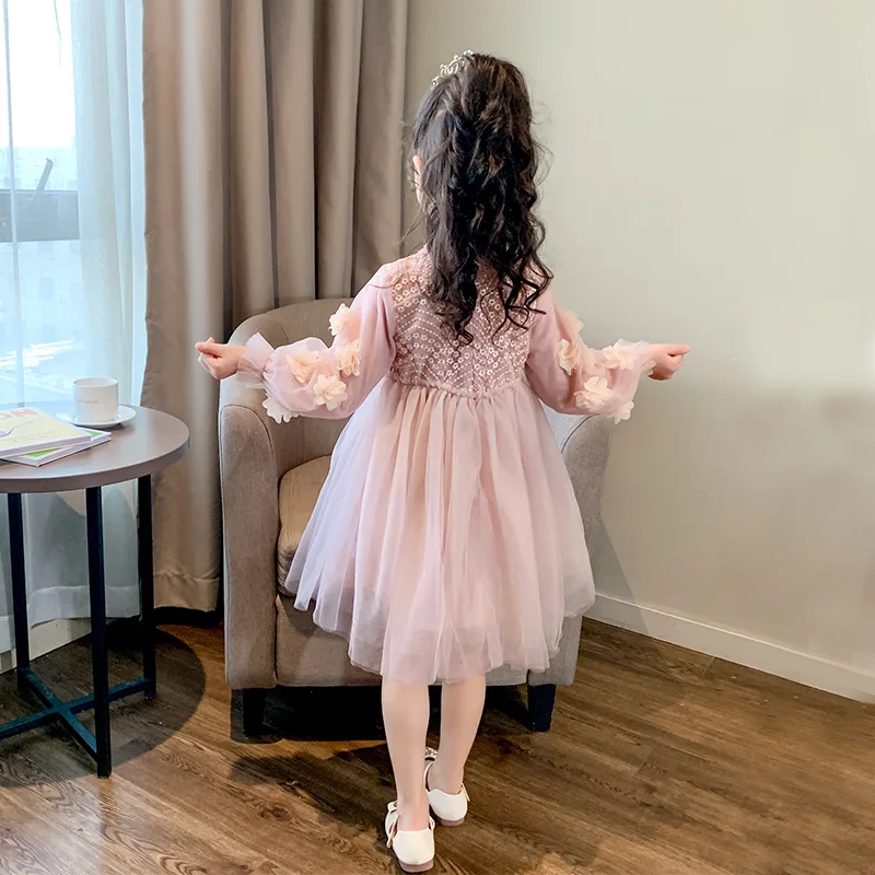 فستان الخريف للفتيات من الدانتيل فستان الأميرة مع تنورة شفافة فستان تول أنيق للأطفال الصغار
