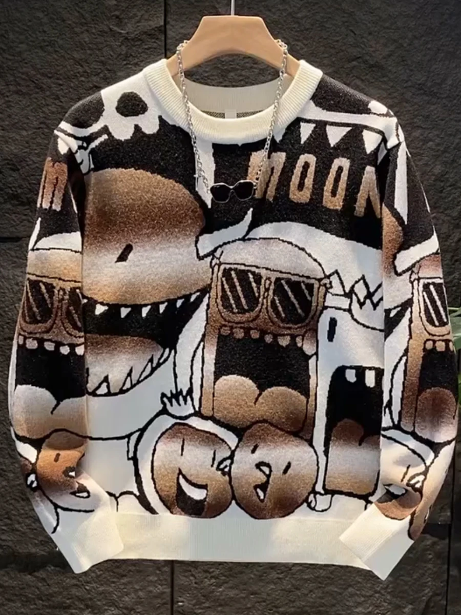 

Men's Faionable Casual Knitwear Long Sve round Ne Cartoon Pattern Loose Fit Autumn Winter New Arrival ACMEOSTUDO