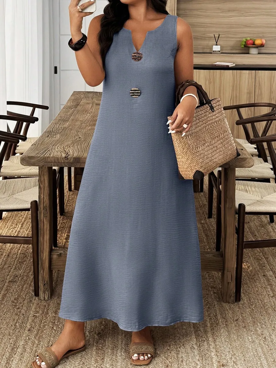 

Women Summer Casual Vacation Solid Color Notched Neck Sleeveless Loose Maxi Dress