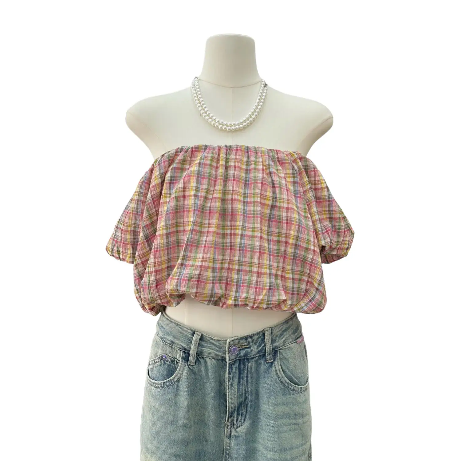 

Summer New Women Cotton Sexy Off Shoulder Plaid Crop Tops Sweet Chic Puff Sleeve Vintage High Street Loose Korean Style Blouses