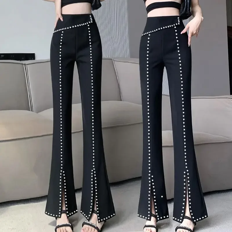 Korean Fashion Women Black Flare Pants Spring Autumn New Slim High Waist Streetwear Casual Split All-match Y2K Diamond Trousers