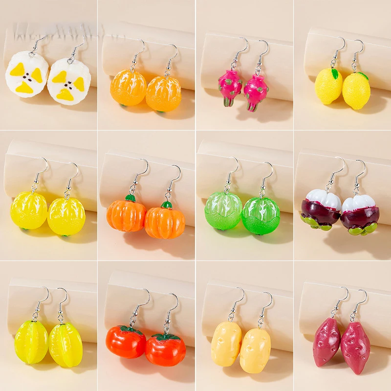 Fruit Bright Yellow Green Citrus Summer Jewelry Cute 3D Lemon Pumpkin Starfruit Orange Food Dangle Earrings Wholesale