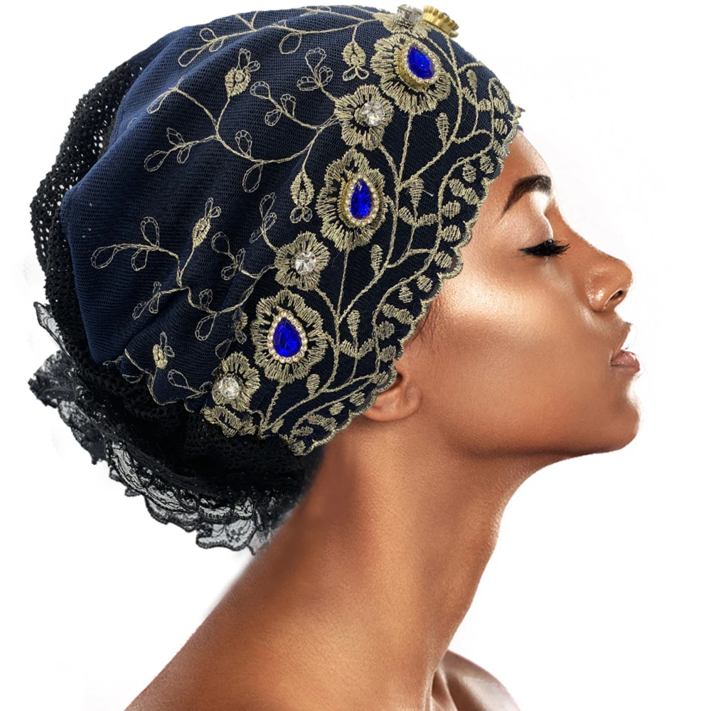

Diamonds Flower Mesh Lace Turban Caps for Women Muslim Headscarf Bonnet Islamic Headwear Hat Lady Head Wraps Summer Hats