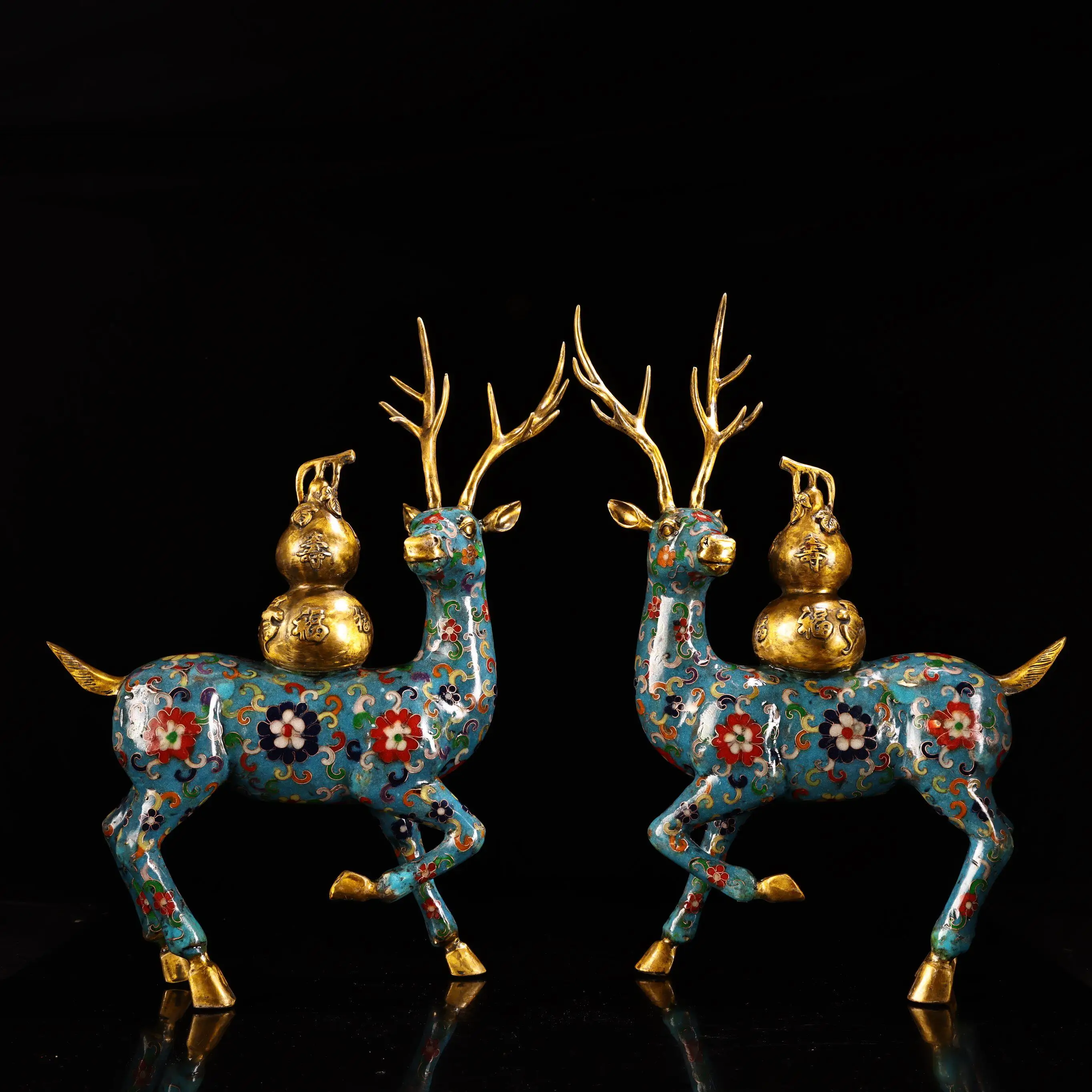 Cloisonne Enamel Gourd Deer Pair Bronze High Relief Chiseled Gilded Auspicious Home Decor Collectible