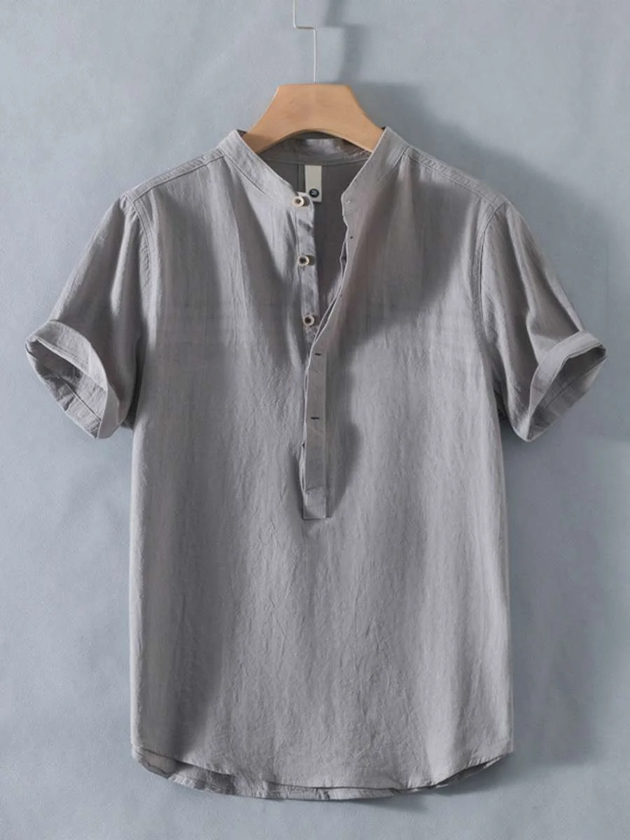 Nueva Camisa Casual de Lino de Manga Corta para Hombre, Cuello Mao, Color Liso, Talla Grande, Transpirable, Ajuste Holgado, Primavera 2025