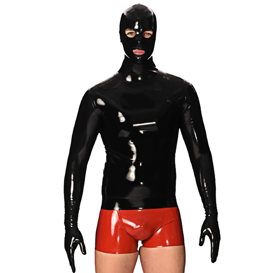 Latex Gummi Mens Shirt Rubber Tight Suit with Hood Gloves Attached Back Zip T-Shirt Plus Size XXL Custom Made Handmade S-LSM064