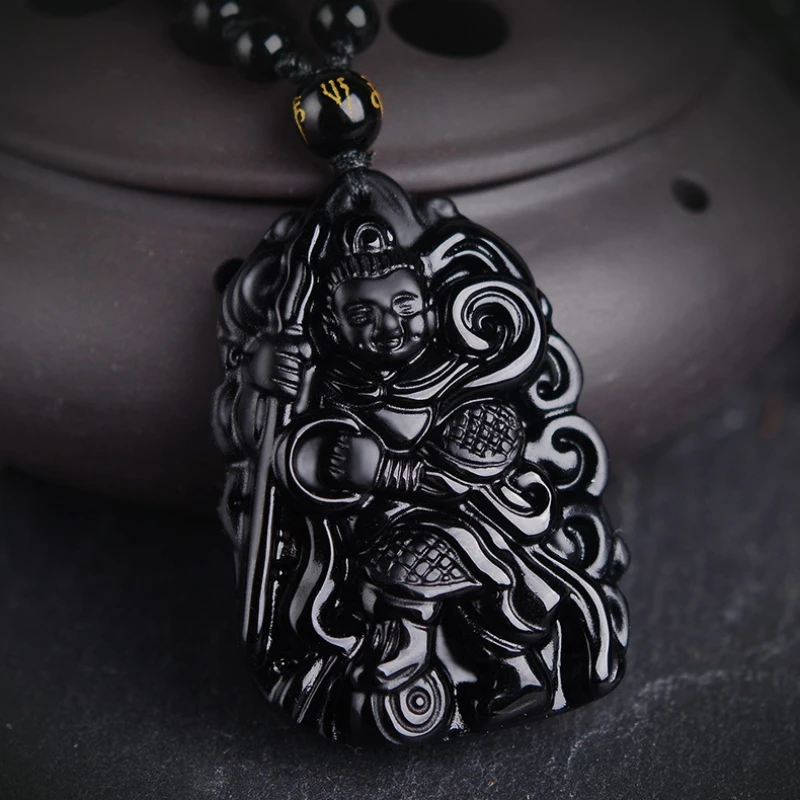 Obsidian, retro ethnic style jewelry necklace, male, natural obsidian Nezha third prince pendant.