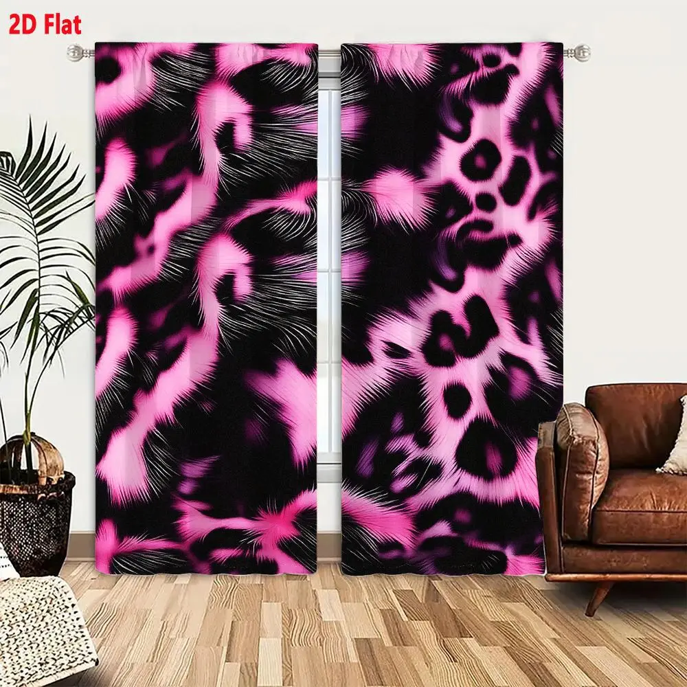 2Pcs Curtains 2D Flat Vibrant Abstract Pink And Black Leopard Spot Pattern With Feathery Brushstrokes For Fashion Textile Design