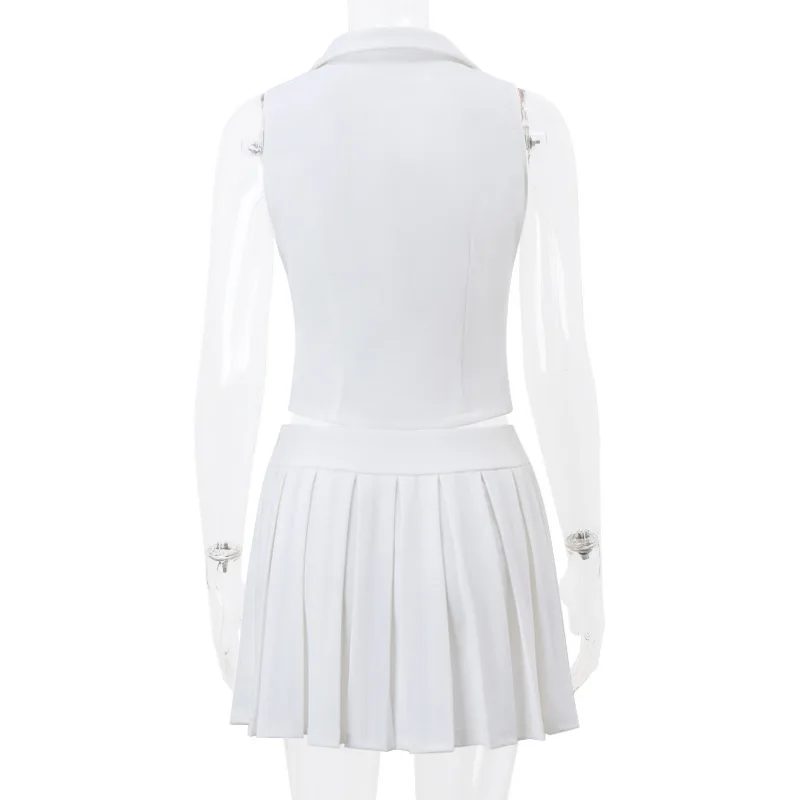 Cryptographic Elegant White Two Piece Sets Womens Outfits Sexy V Neck Top and Pleated Skirt Coquette Matching Sets Summer 2024