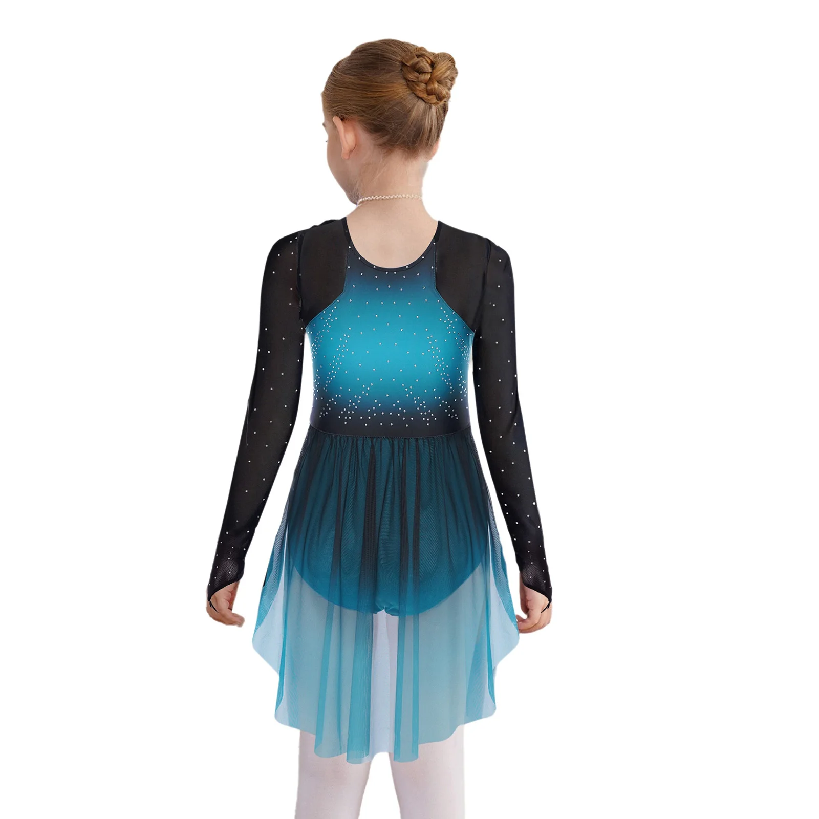 Mädchen Eiskunstlauf Trikot Kleid Lange Ärmel Sheer Mesh Patchwork Lyrical Dance Kleid Strass Farbverlauf Gymnastik Kostüm