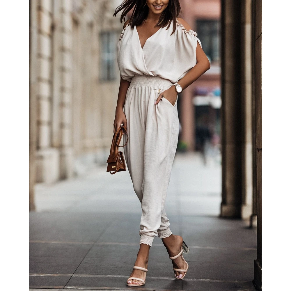 New in Women Elegant Jumpsuit Cold Shoulder Sexy Plunge V-Neck Jumpsuit Summer Stylish Ruched Lady Short Sleeve Cuffed Jumpsuits