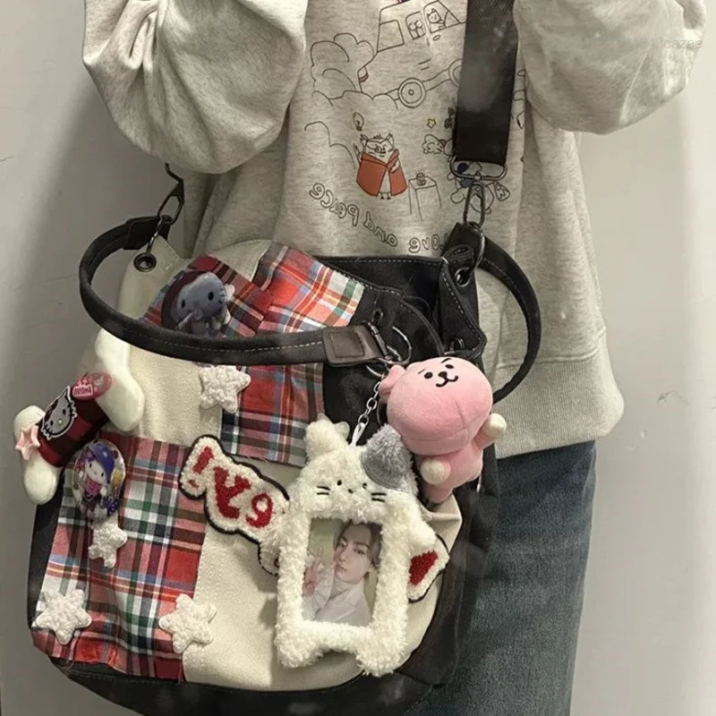 Sanrio Hello Kitty moda Vintage torebki damskie w czerwoną kratę Bone Star Canvas millenium Y2k torba Crossbody damskie torby na ramię