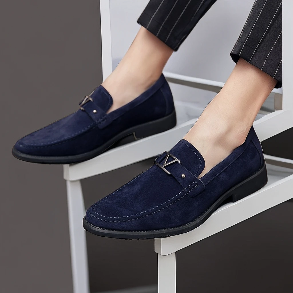 New Black Loafers Men Flock Shoes Business Blue Breathable Slip-On Solid Shoes Handmade  Size 38-48