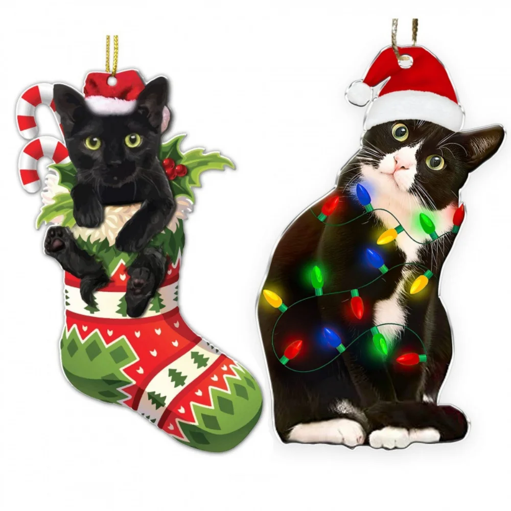 Charming Black Cat Christmas Ornament 2D Acrylic Hanging Decor for Tree Car Mirror Keychain Kid Xmas Gift Holiday Party Supplies