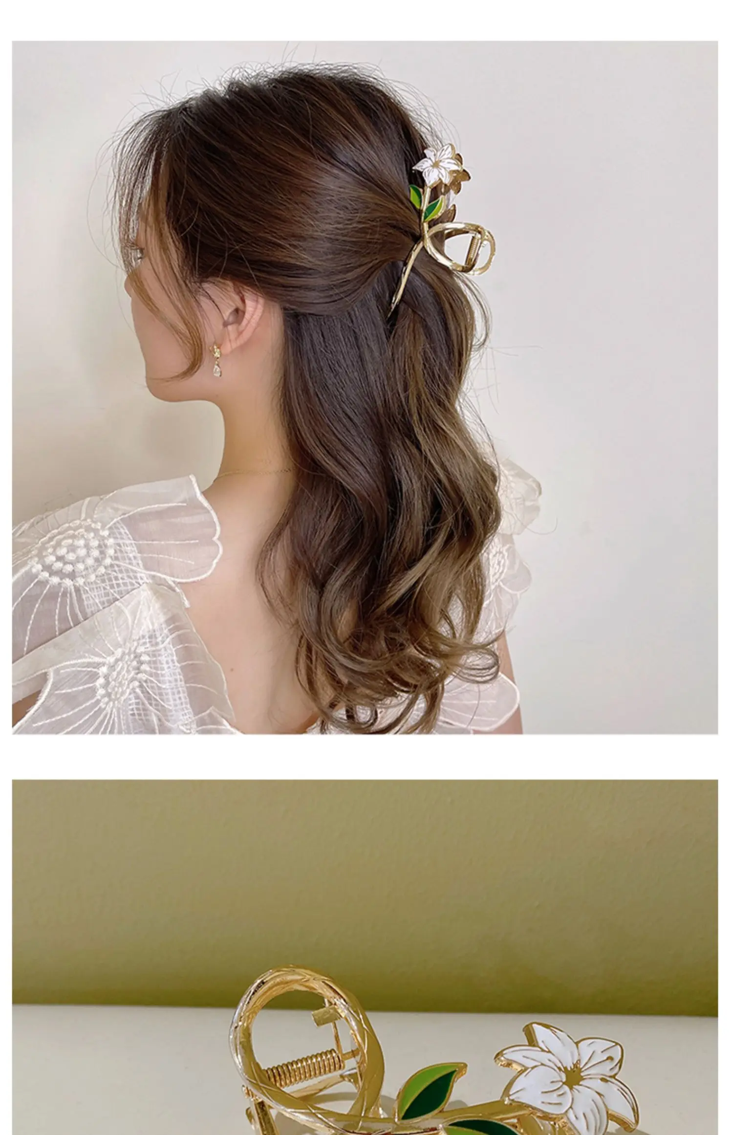 Neue Damen-Haarspange aus Metall, elegante goldene Blumen-Haarspangen, Haarklammer, Krabben-Haarband, Pferdeschwanz-Clip, Kopfschmuck, Haaraccessoires, Tiara – Detail 9