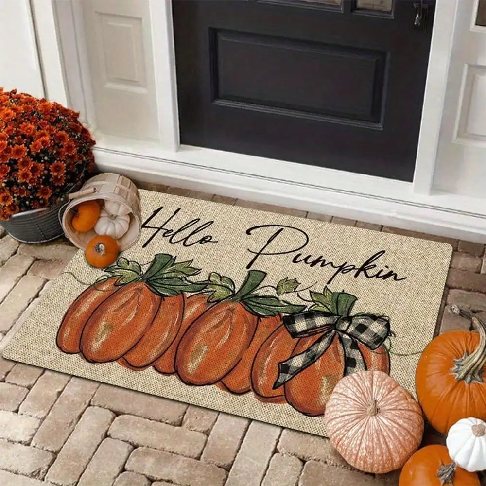 A Pumpkin-Themed Outdoor Doormat Made Of Flannel Material, Featuring A Thick Sponge With A Density Of 1.28 LB Per Square Meter And A Thickness Of 0.4 Inches. This Autumn Decorative Mat Is Perfect For Halloween And Thanksgiving