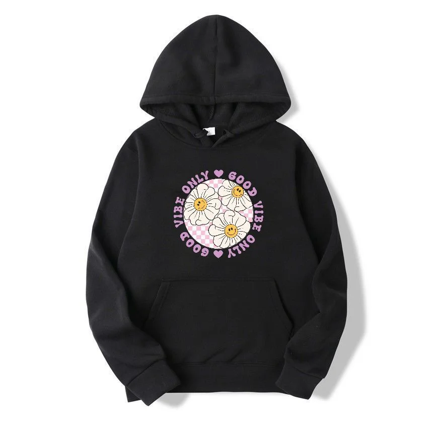 

Good Vibe Only Daisy Print Hoodie Men Women Black Casual Streetwear Sweatshirt Retro Smile Flower Style Unisex Pullover Hoodies