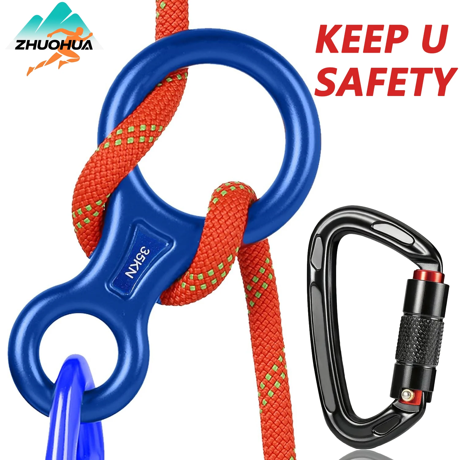 

ZHUOHUA 1 Set Rescue Figure 8 Descender Climbing Gear Downhill Equipment 35KN with 5KN Auto Locking Climbing Carabiner Clips
