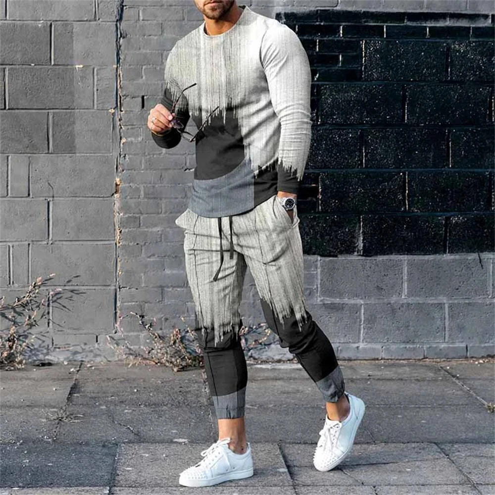 Men Jogging Suit Long Sleeve Set 3D Printed Patchwork T-Shirt Trousers 2 Piece Set Streetwear Casual Tracksuit Man Oversize Tops