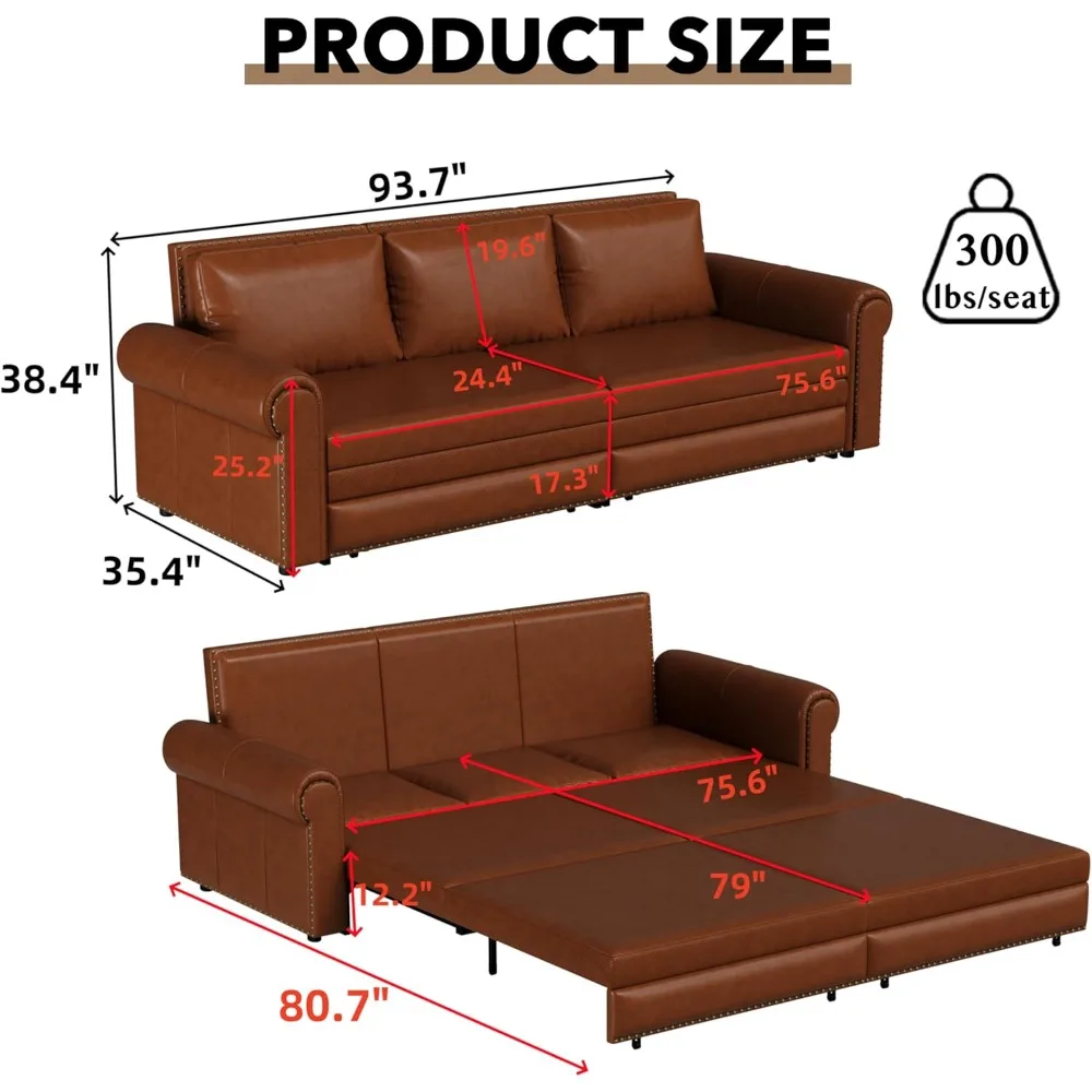 93,7" Kingsize-Schlafsofa, ausziehbares Schlafsofa, Polsterung aus Kunstleder, 3-in-1 umwandelbare Schlafsofa, Chaiselongue