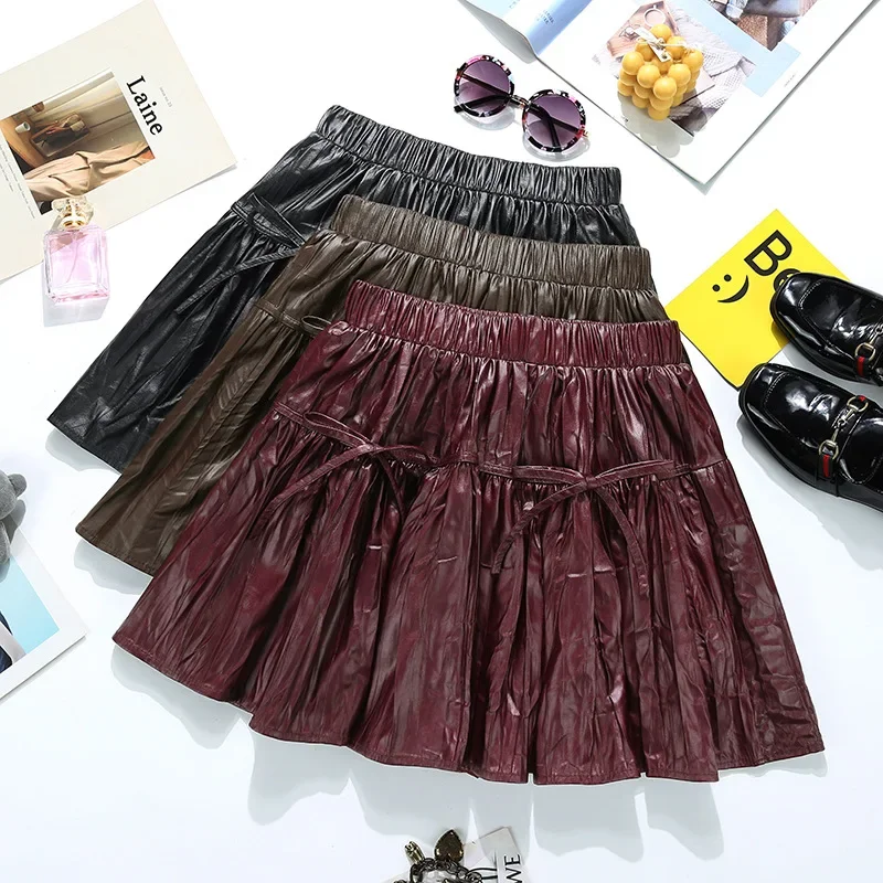 Korean Y2K Pu Leather Mini Skirts for Women Streetwear High Waist Pleated Skirt Vintage Slim Casual A Line Skirts Outwear