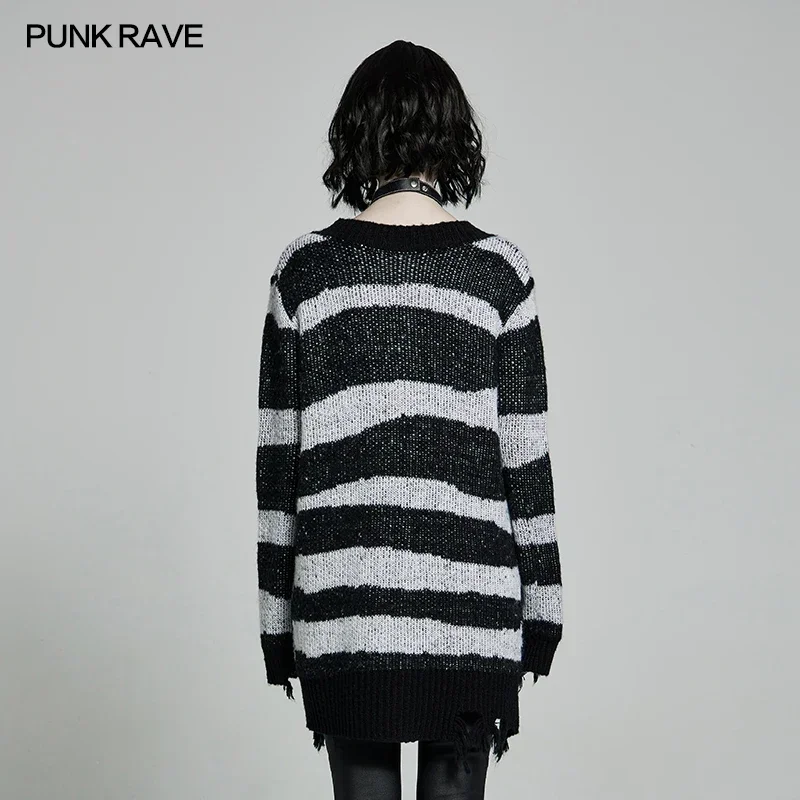 PUNK RAVE maglione Pullover a maniche lunghe quotidiano gotico da donna personalità top in maglia di media lunghezza usurati a righe irregolari