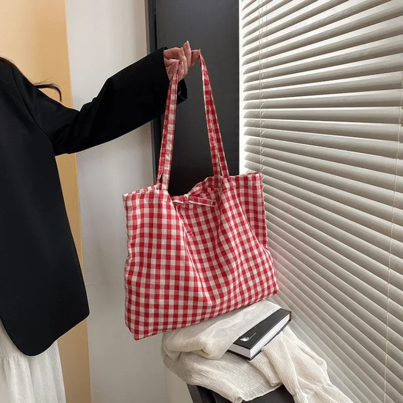 

Red Plaid Bag New Fresh Shoulder Bag Class Commuter Bag Large Capacity Casual Tote Bag