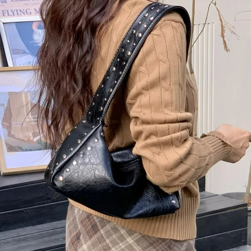 

New Punk Style Rivet Design Soft Leather Underarm Bags Women Solid Color Casual Shoulder Bag Large Capacity Lady Handbags bolsas