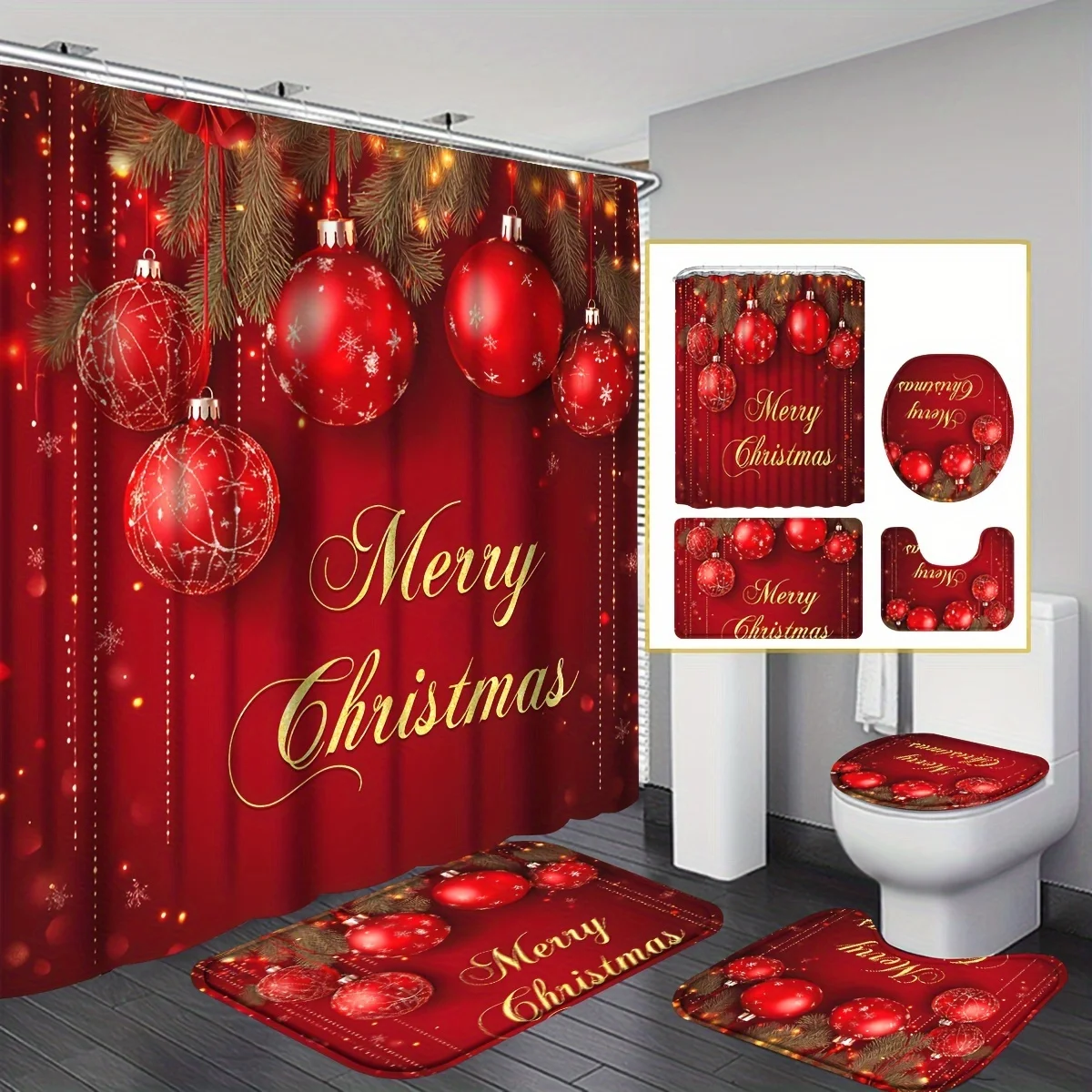 

Набор из 4 занавесок для душа Merry Christmas: 12 крючков, нескользящий коврик, U-образный коврик для унитаза, чехол — рождественский декор.