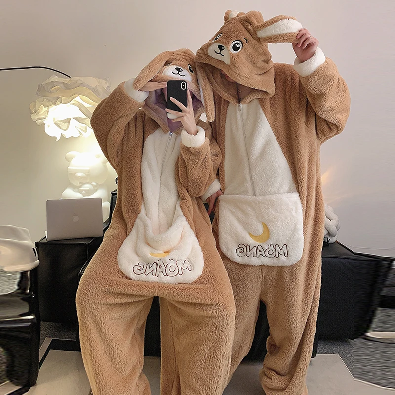 kangaroo Couples Pajamas Jumpsuits  Women Men Adult Winter Thicken Hooded Pyjamas Sleepwear Korean Loose Onesie Soft Warm Home