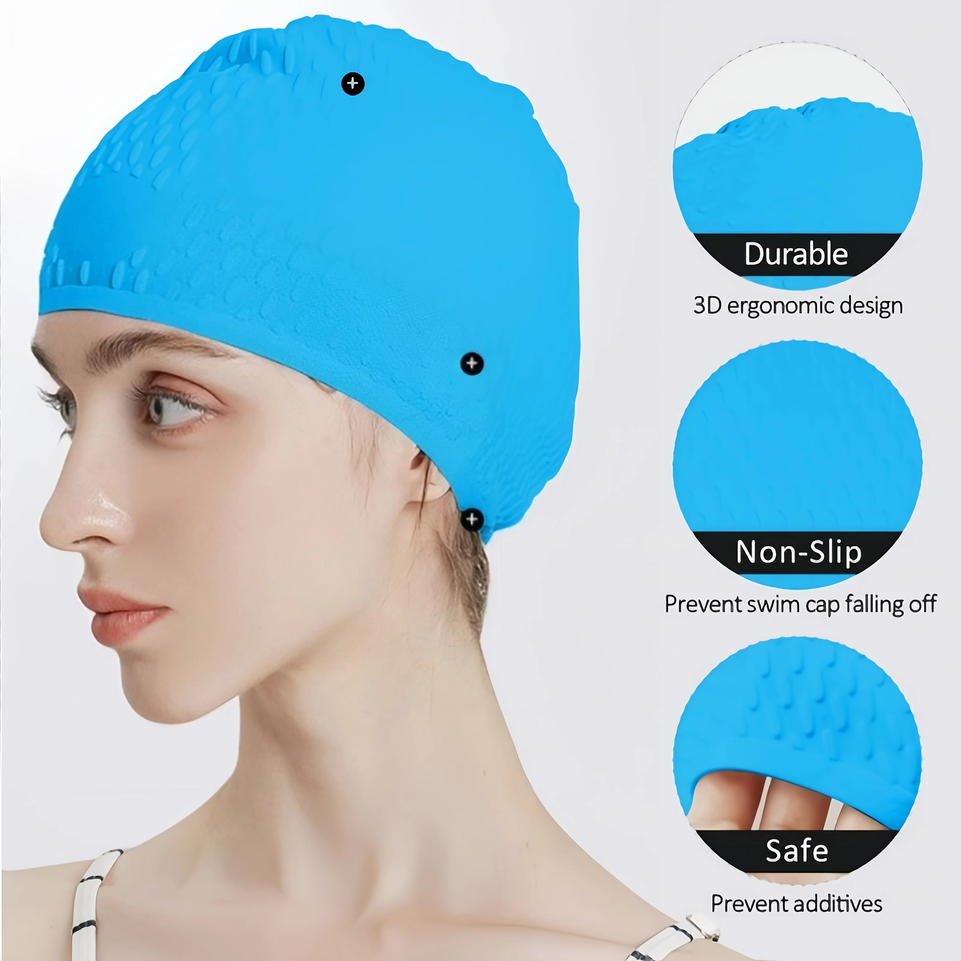 1 Stück Modische Badekappe für langes lockiges Haar, wasserdichtes Silikon mit Tropfenmuster, Unisex für Pool und Strand – Detail 1