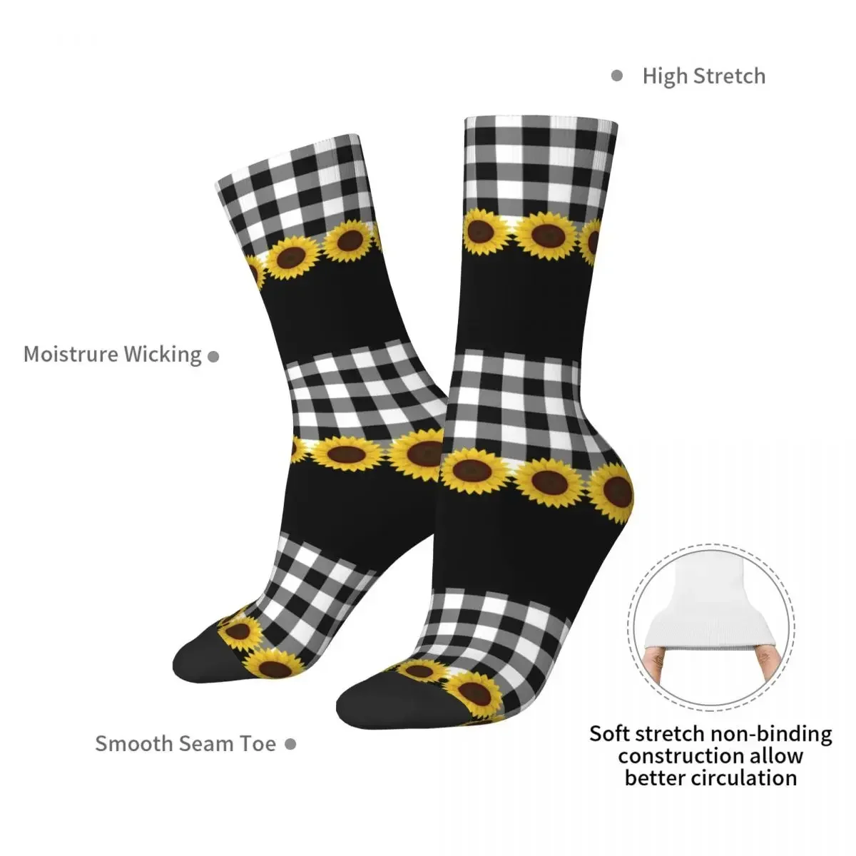 Buffalo Plaid & Sunflower Socks Harajuku High Quality Stockings All Season Long Socks Accessories for Man's Woman's Gifts