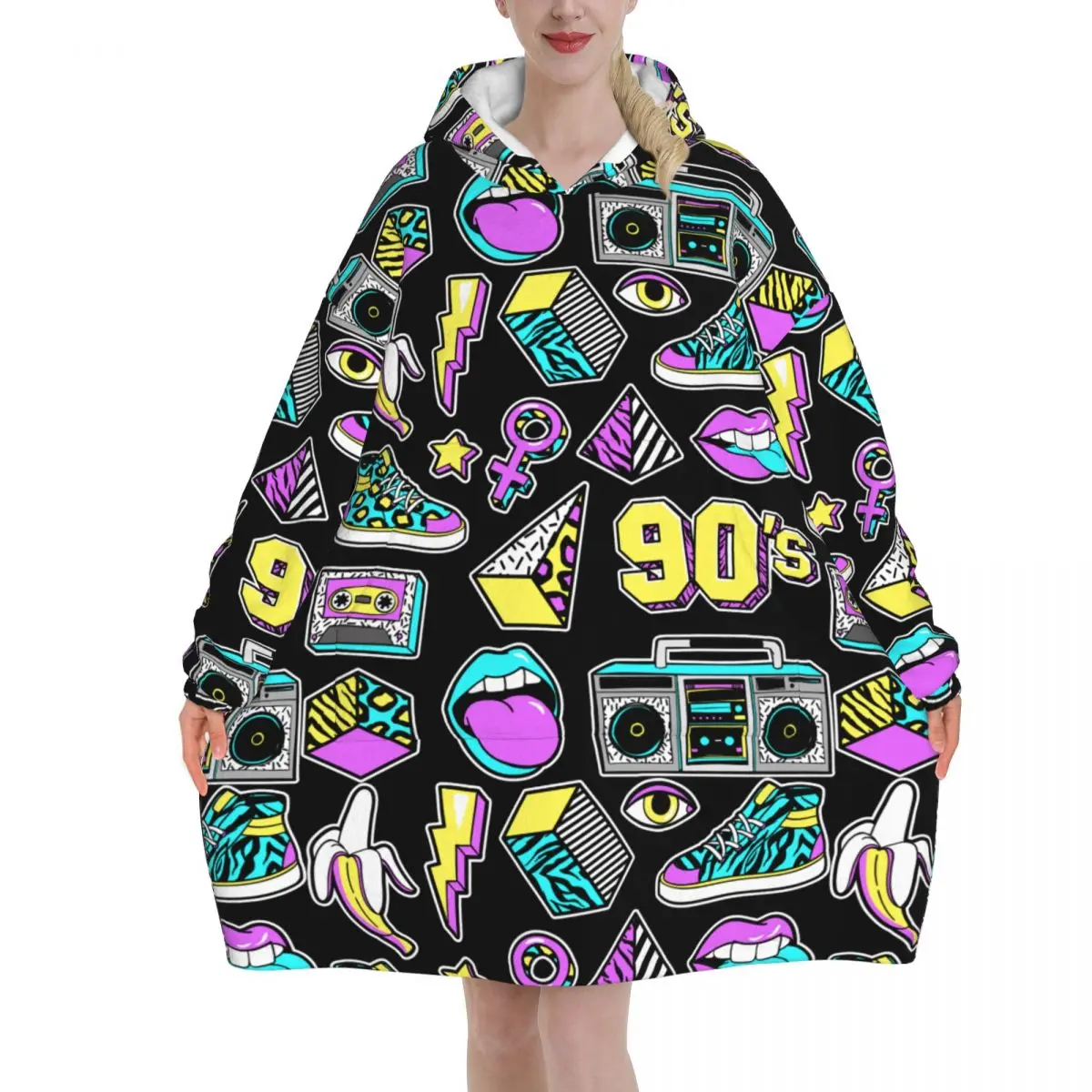 

Hippie 90s Lips Banana Blanket Hoodie Oversized Wearable Vintage 90's Trippy Memphis Design Sweatshirt Blanket Gifts for Women