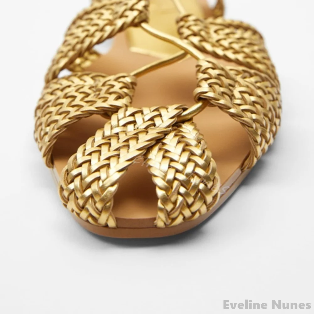 Strappy Woven Gladiator Sandals Women Gold Bohemian Style Closed Toe Hollow Flat Casual Sandals Summer New Beach Travel Sandals