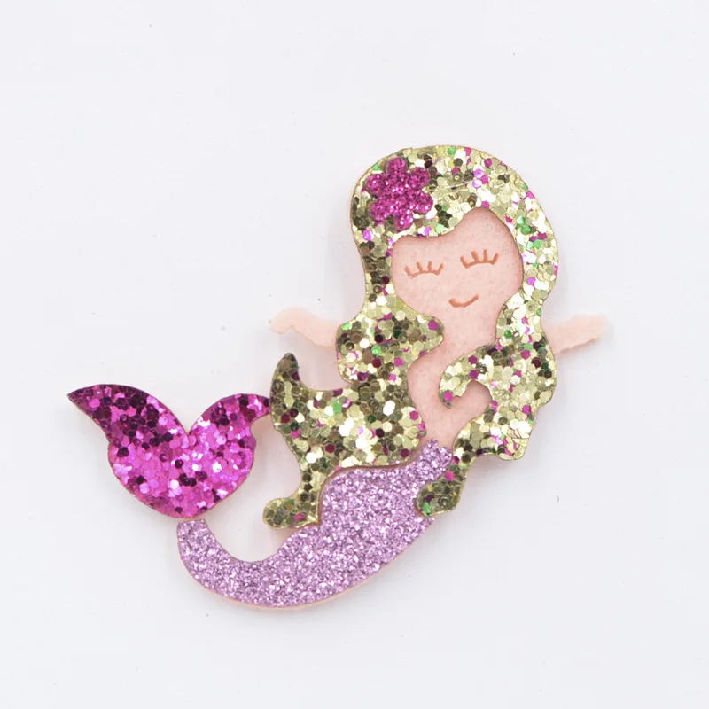 6CM Glitter Fabric Appliques Cartoon Mermaid Nonwoven Padded Patches for Wall Hat Stickers DIY Hair Clips Decor Accessories