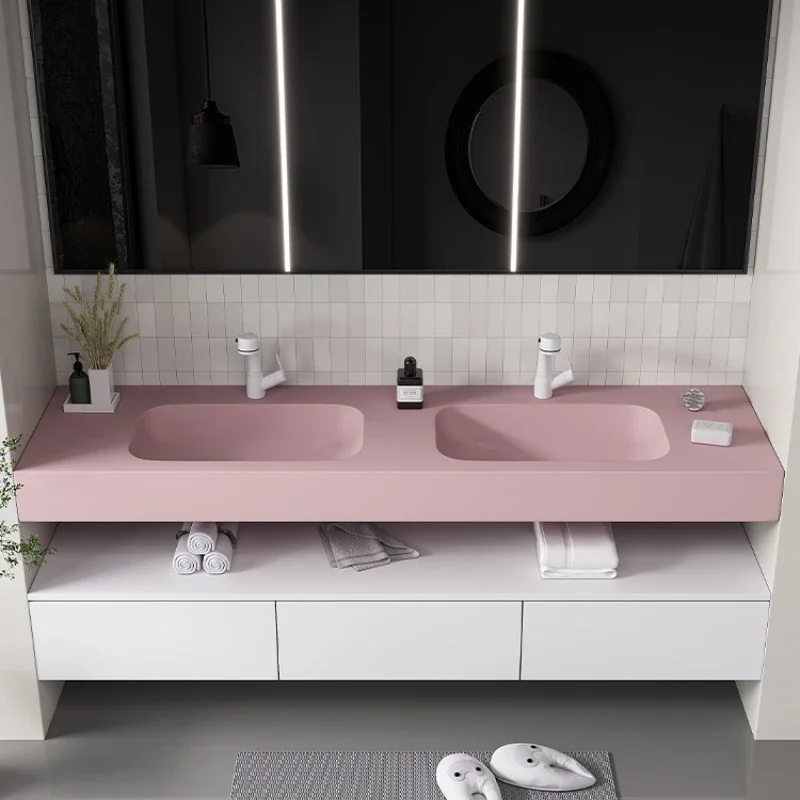 Pink Qimei stone hanging integrated wash basin artificial stone