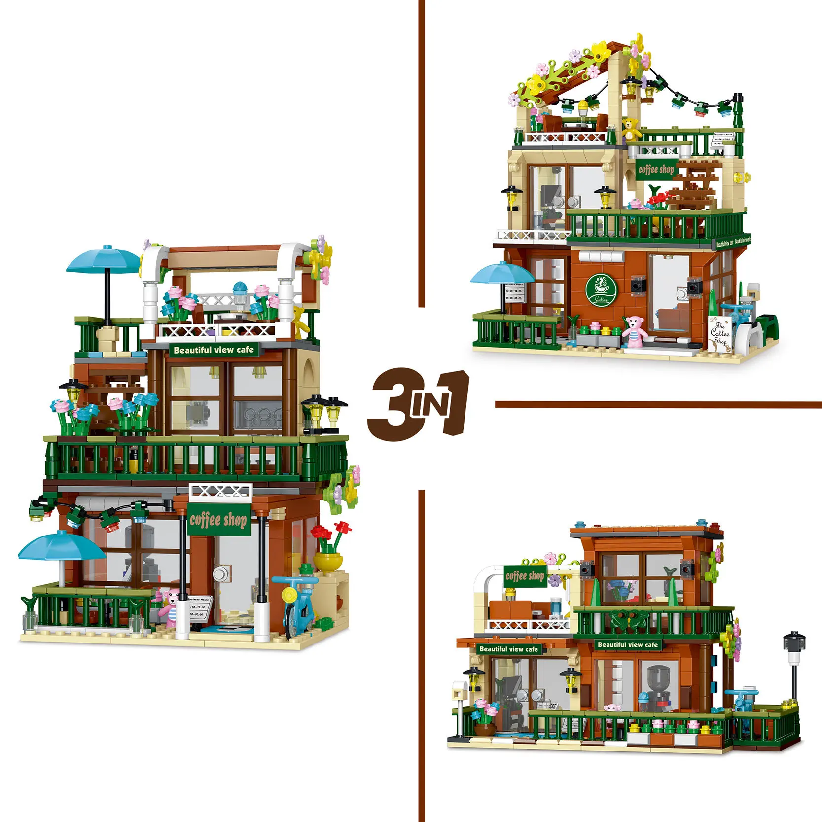 3in1 Balcony Coffee Shop Bricks Model Street View City Cafe Building Blocks Kit Toys Gifts Ornament For Kids Adults Decoration