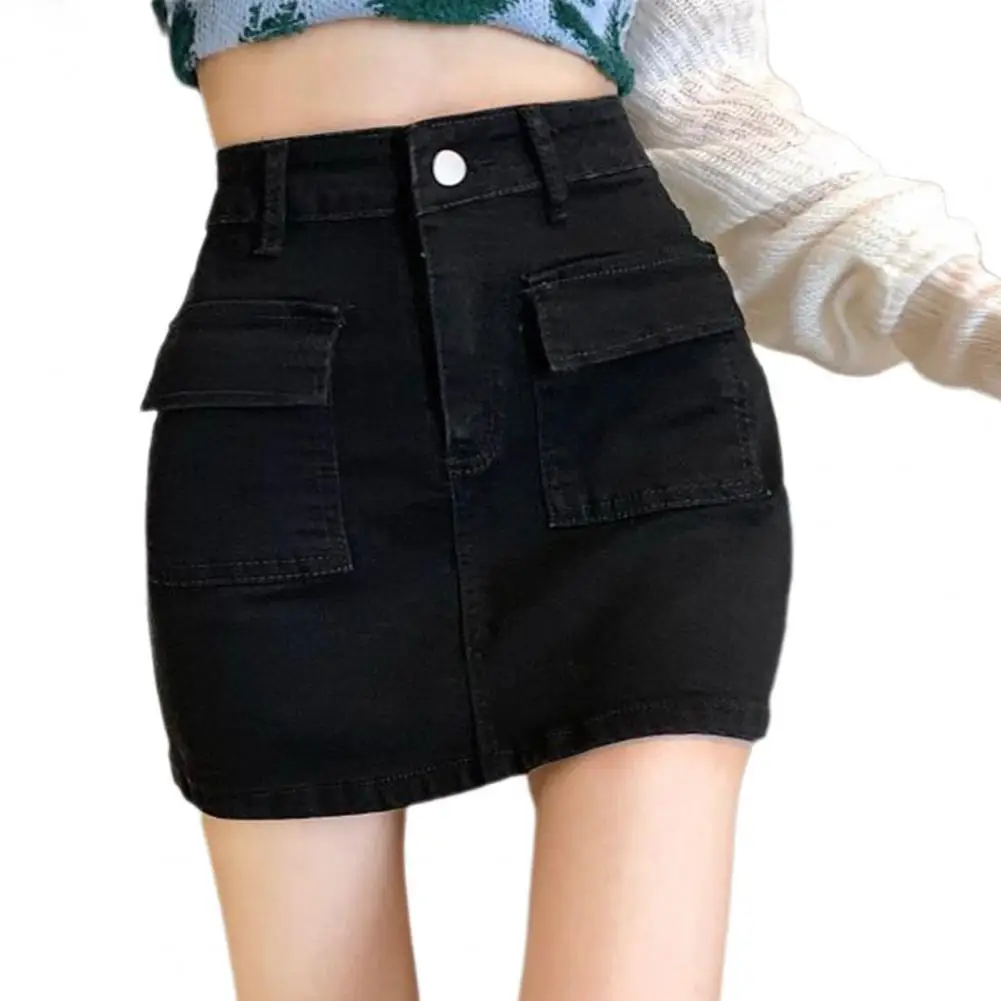 Wrapped Skirt High Waist Summer Denim Skirt A-line Wrapped Style with Fly Pockets Button Zipper Fly Solid Color Elegance Short