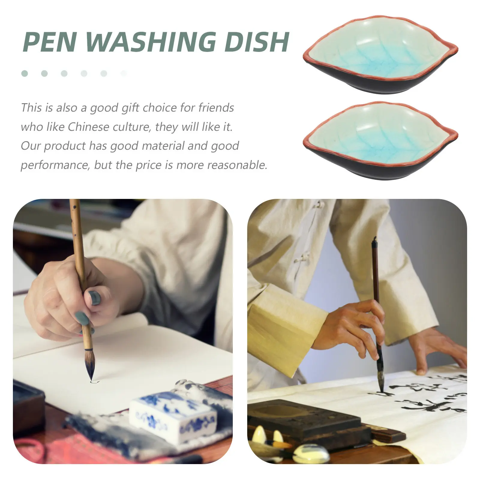 2Pcs Ceramic Calligraphy Ink Tray Brush Washing Dish Inkwell for Study Room Office Desktop Chinese Brush Pen Rest Dipping Bowl