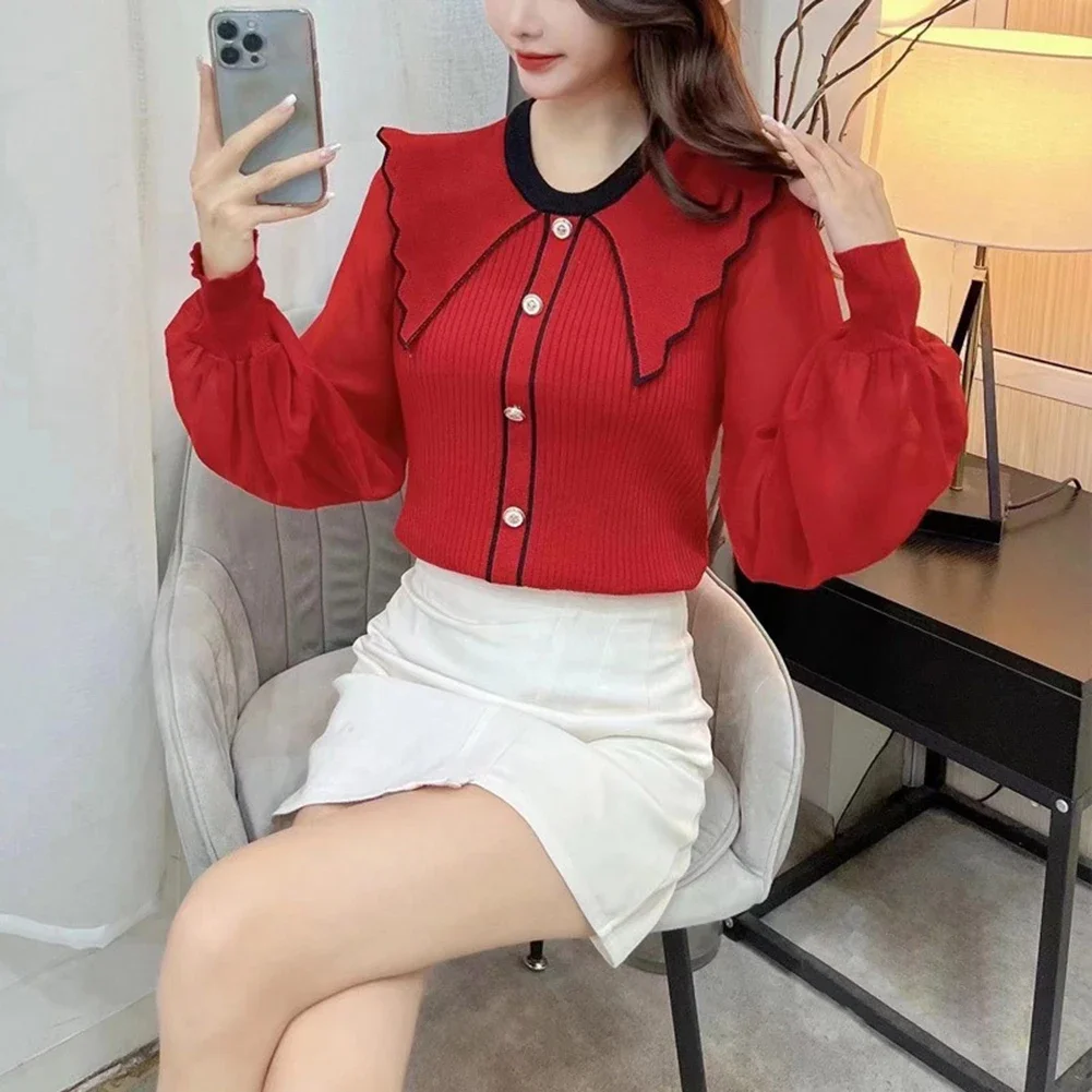 

Ruffled Neck Top Elegant Pullover Casual Spring Outfit Casual Long Sleeve Top Cozy Spring Apparel Daily Wear Sweater