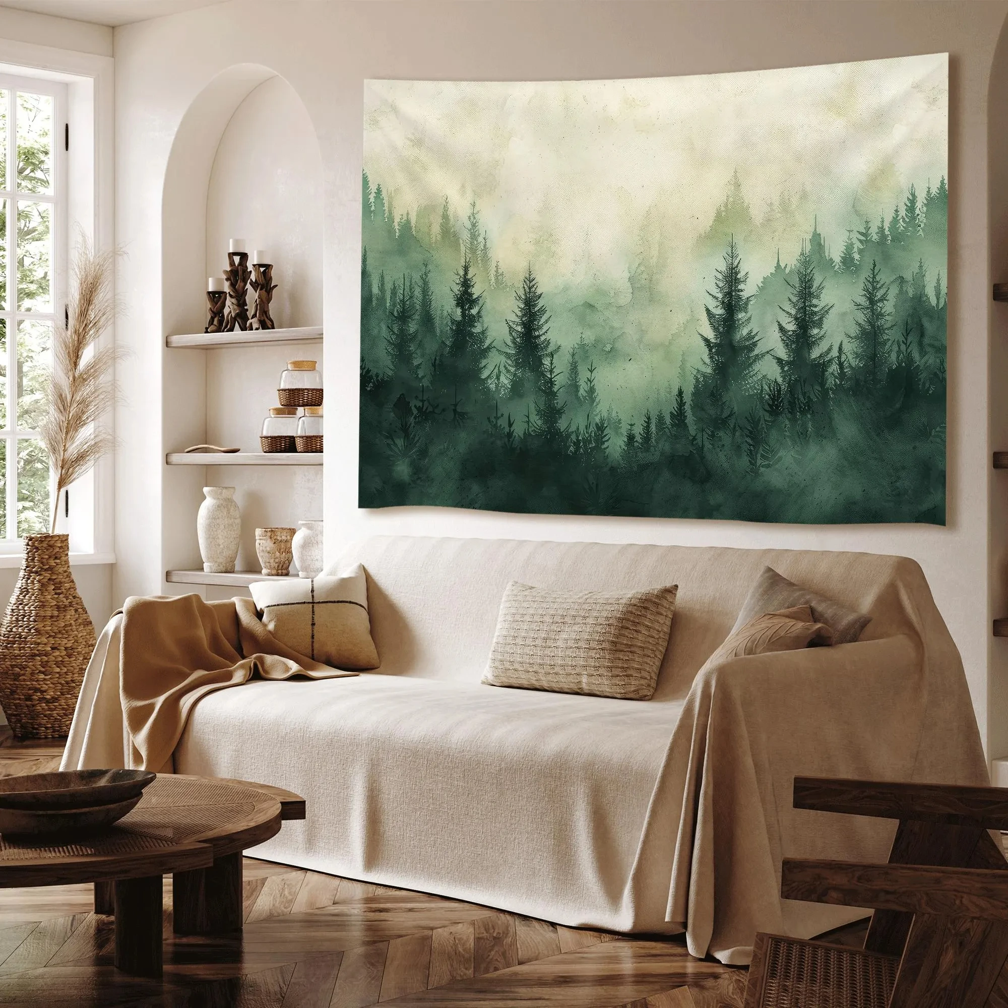 1PC Watercolor Green Forest Boho Tapestry Foggy Mountain Nature Scenery Wall Hanging for Living Room Decor