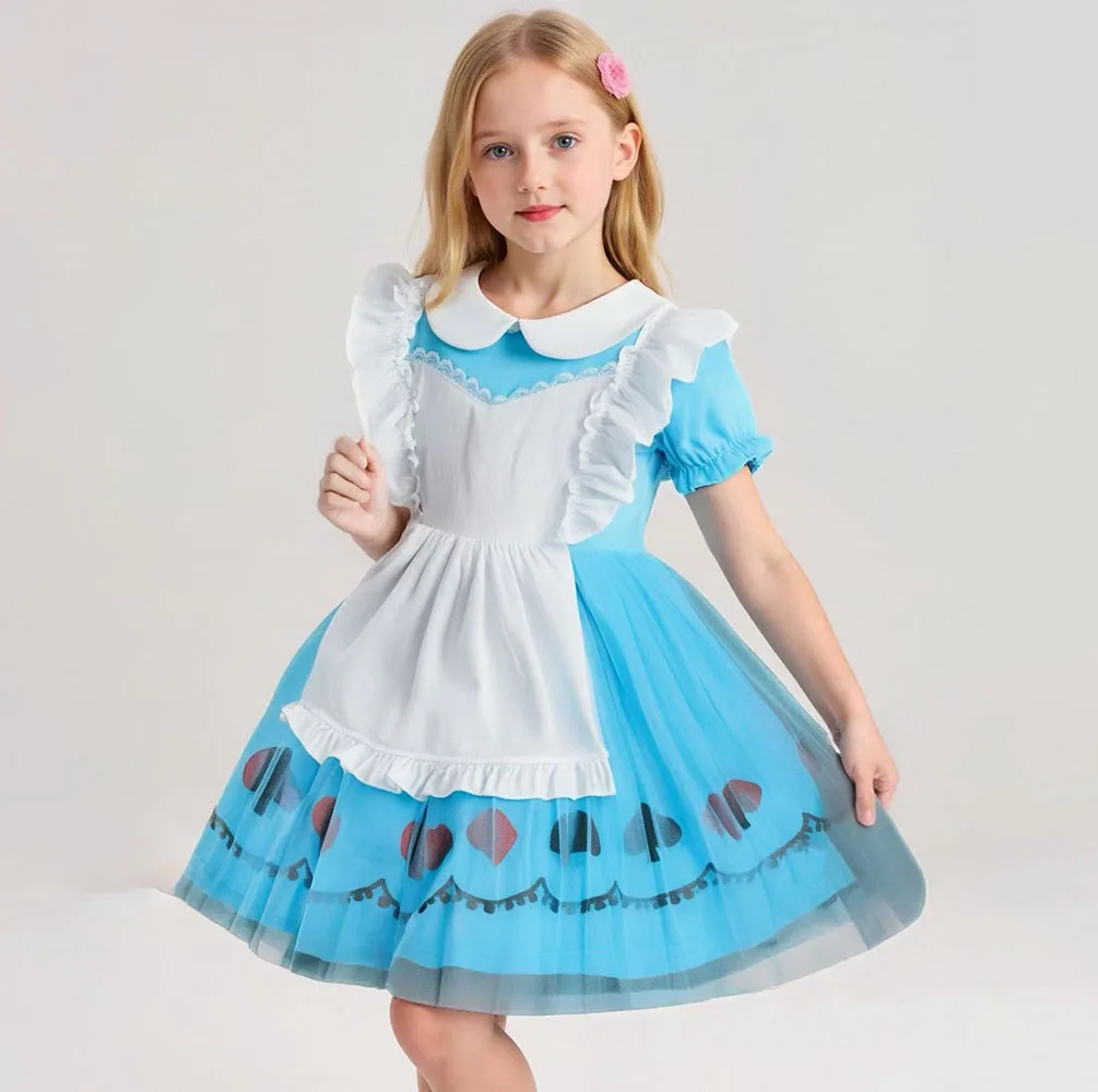 

Halloween Lolita Dress Blue And White Poker Elements Princess Dress Bow Apron Baby Girls Dress Birthday Party Cosplay Costume