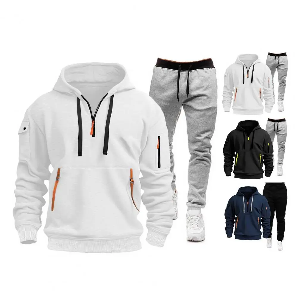 2Pcs/Set Men Sports Suit Hooded Drawstring Long Sleeve Pockets Sweatshirt Elastic Waist Trousers Set Fitness Tracksuit